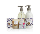 The Lavender Hand Wash Gift Set contains a 295ml hand wash, lotion, a 50g soap, & 60g candle. Packed in a olive green gift box, decorated with yellow simple smiling flowers, with a red roofed bird box printed on the lid.