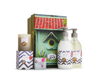 The Lavender Hand Wash Gift Set, pulls together some of the best selling elements of the Lavender Eucalyptus range, full of the scent of an English herb garden's calming blend of essential oils, such as lavender, eucalyptus, lemon balm, & burdock root. Contains a 295ml hand wash, lotion, a 50g soap, & 60g candle. Packed in a olive green gift box, decorated with yellow simple smiling flowers, with a red roofed bird box printed on the lid.