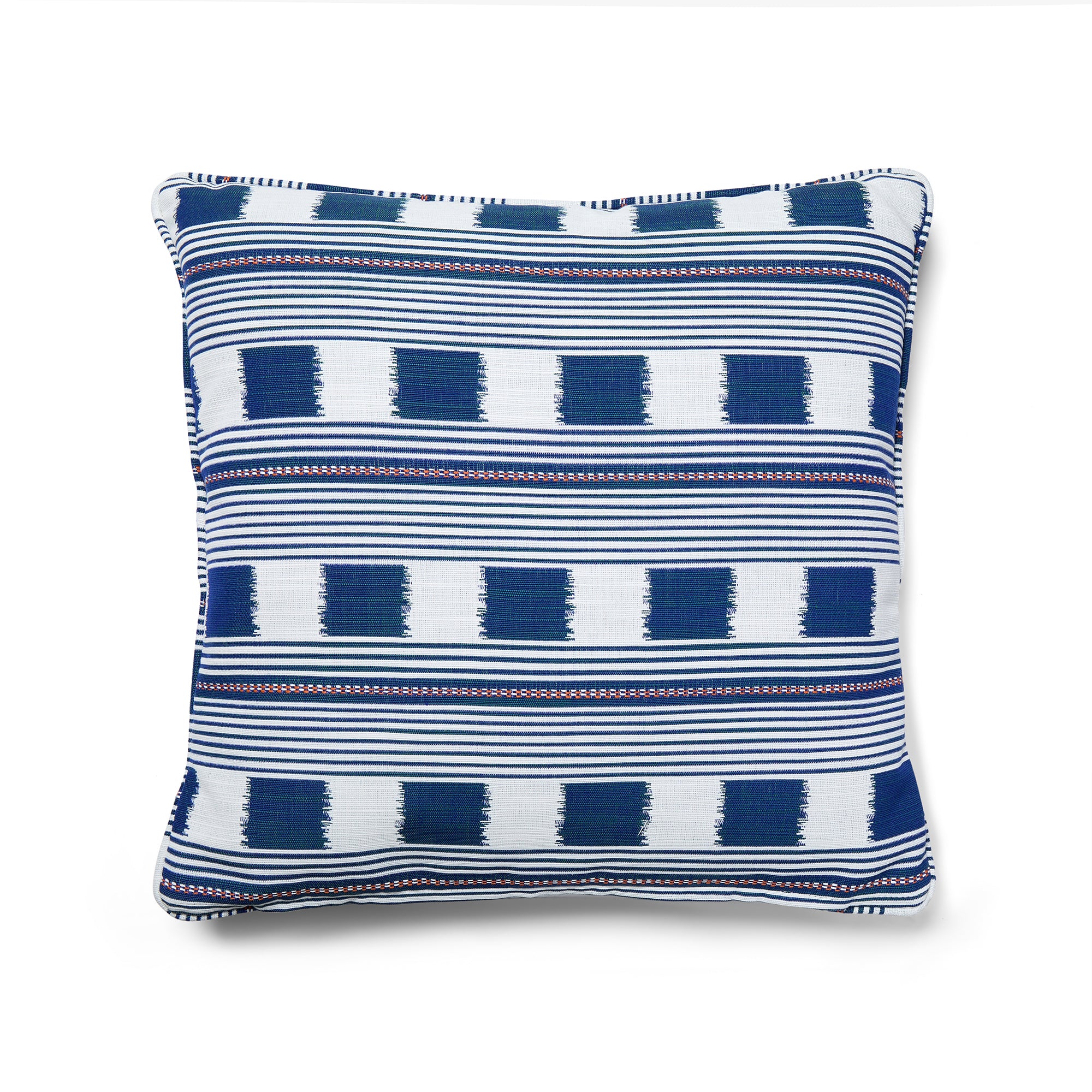 The front of the navy Lost and Found outdoor cushion. The fabric of this cushion is a simple, structured design, with a small repeat. It features a dotted stripe, and repeating squares. Lost And Found can be seen here in the indigo colourway.