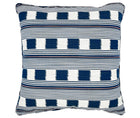 The front of the navy Lost and Found outdoor cushion. The fabric of this cushion is a simple, structured design, with a small repeat. It features a dotted stripe, and repeating squares. Lost And Found can be seen here in the indigo colourway.