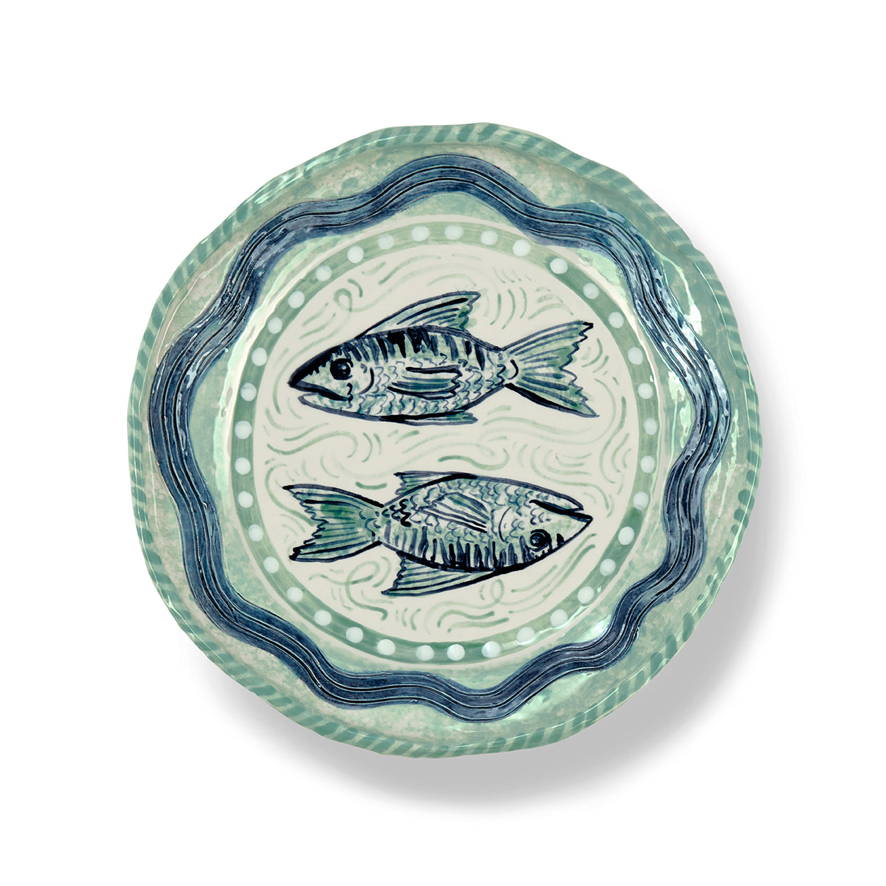 Sasha Compton handmade plate with two mackerel in centre surrounded by blue and green water, artist exclusive for Shop Kit Kemp