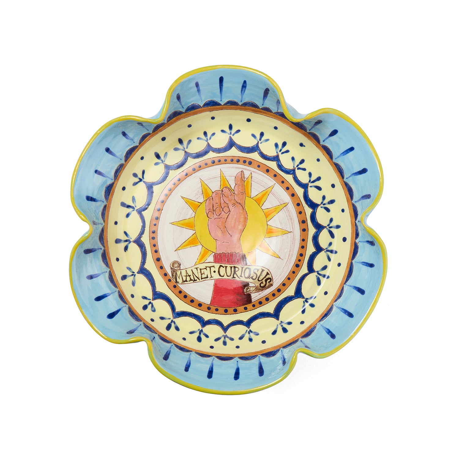 Decorative pedestal frilled edge dish with a sun and hand, on blue and yellow surround. 