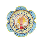 Decorative pedestal frilled edge dish with a sun and hand, on blue and yellow surround. 