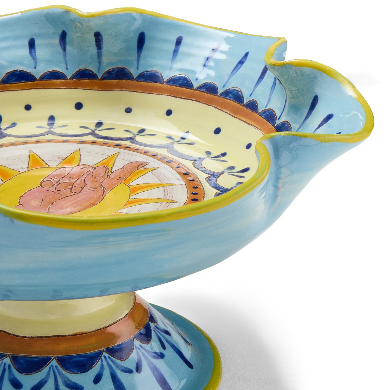 Surface decoration in blues and yellows, and frilled form artwork by Katrin Moye for Shop Kit Kemp