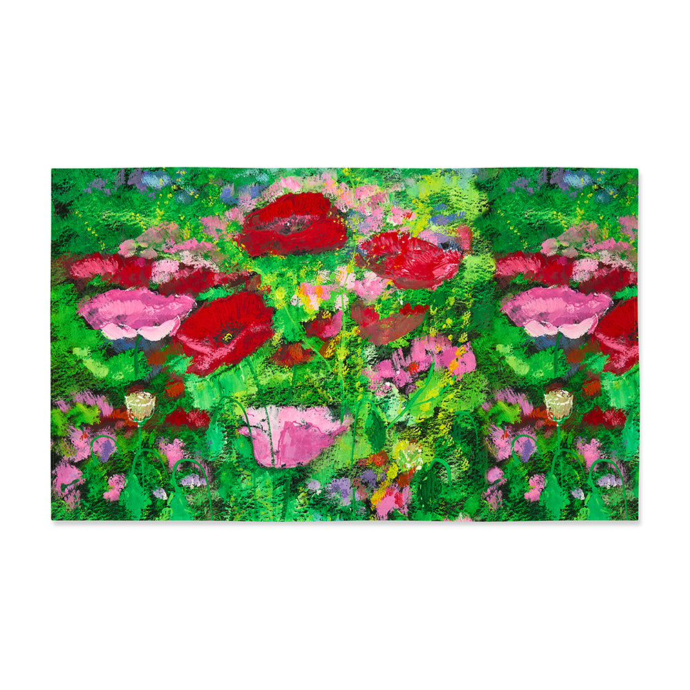 Overhead view of the Meadow tablecloth, 240cm x 140cm (approximately 94 x 55 inches), featuring a hand-screen printed design of red and pink poppies on a lush green pure cotton background.