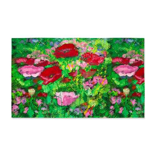 Overhead view of the Meadow tablecloth, 240cm x 140cm (approximately 94 x 55 inches), featuring a hand-screen printed design of red and pink poppies on a lush green pure cotton background.