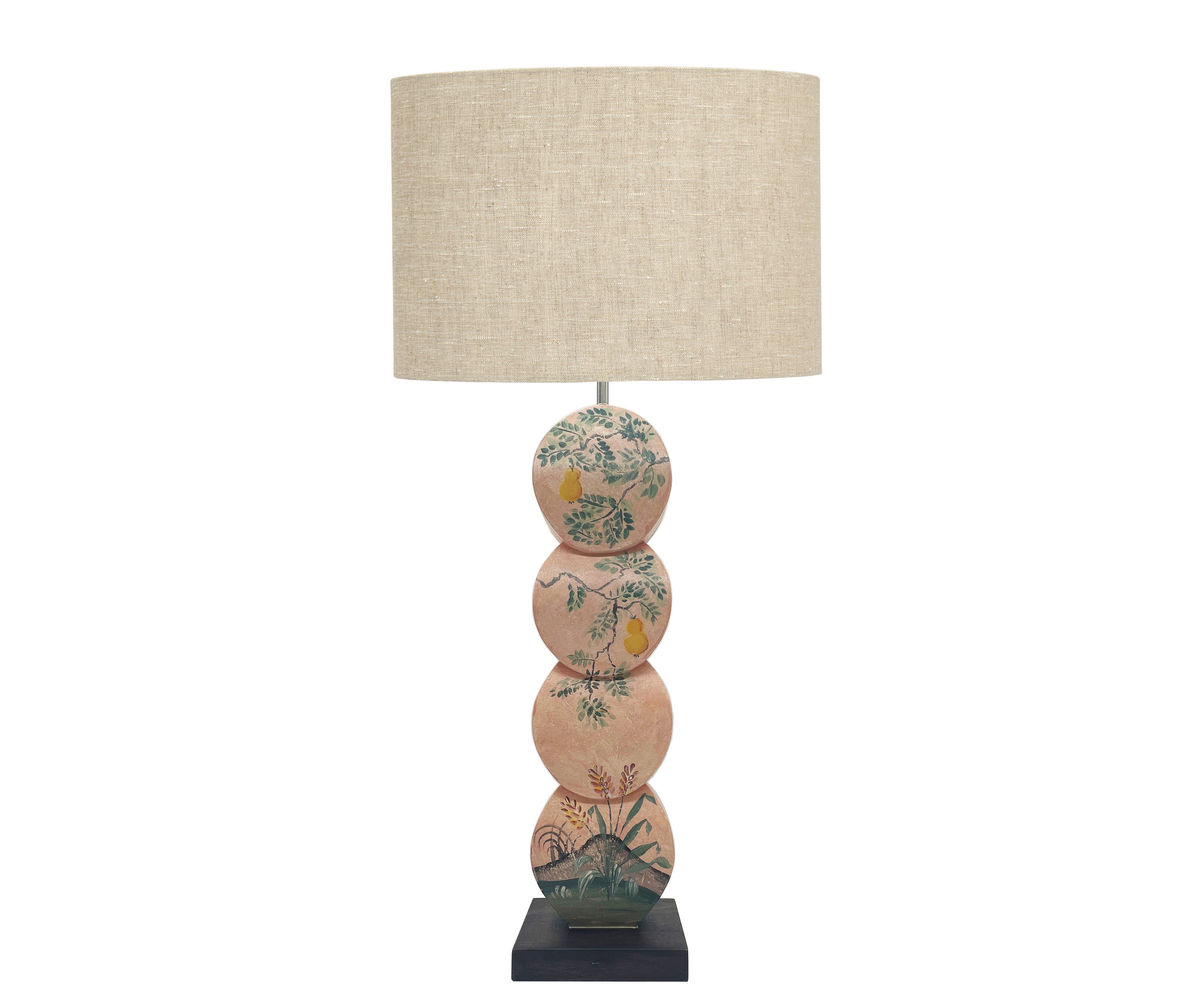 A hand painted 4 disk table lamp by Melissa White in Kit Kemp Mythical Creatures design. 