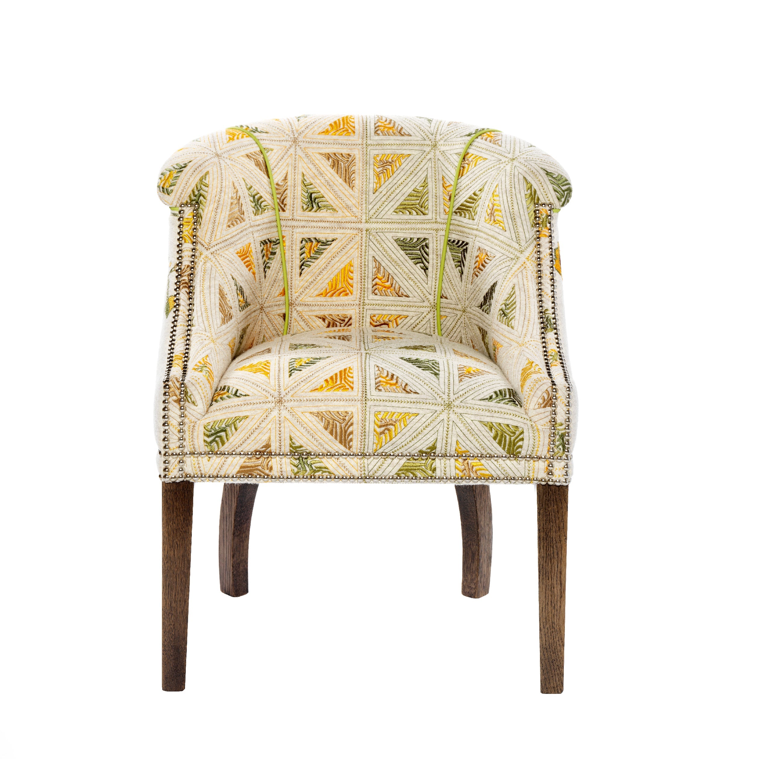 A Min Tub Chair upholstered in yellow and green fabric 