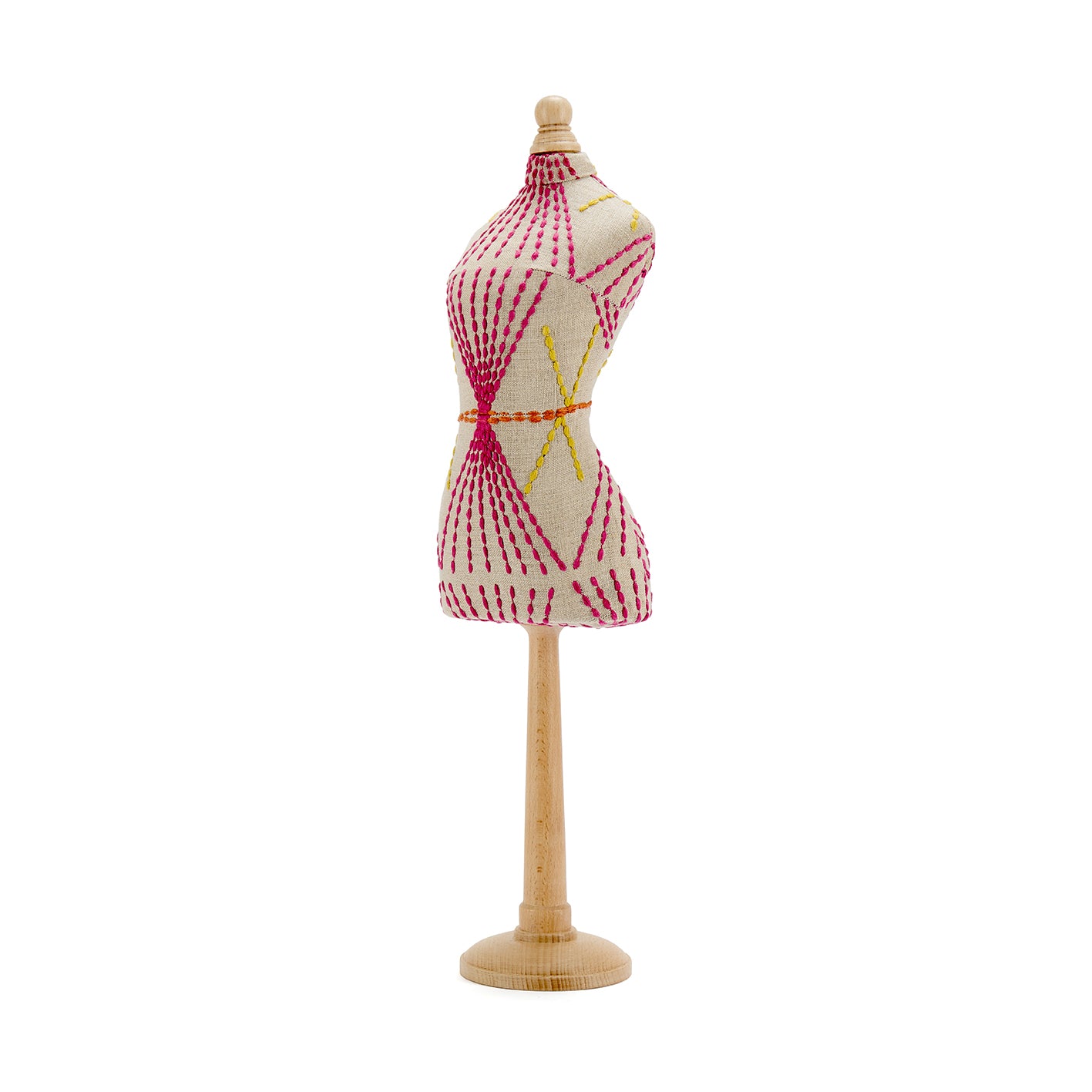 Shop Kit Kemp handmade mini mannequin side view of the three dimension effect with red and yellow thread criss-cross design. Upholstered in running stitch canvas tone fabric. 