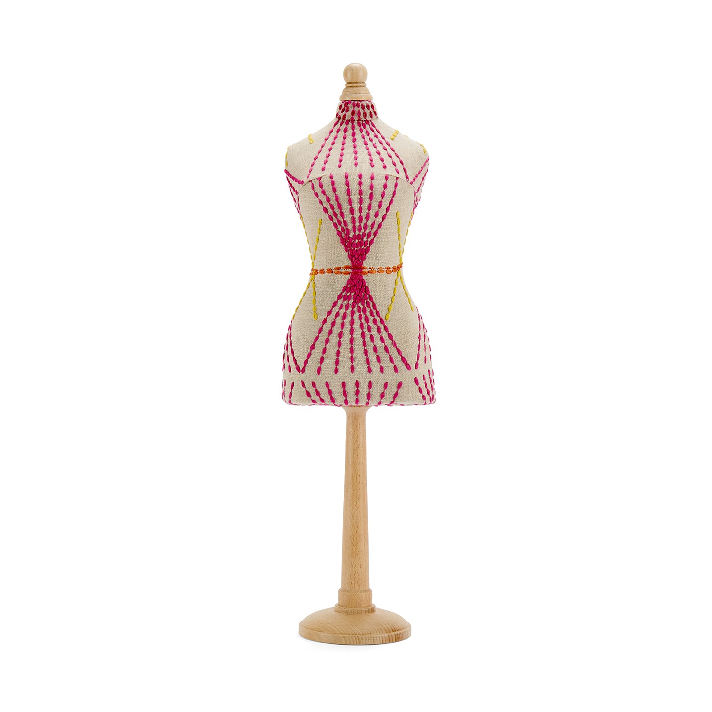 Shop Kit Kemp handmade mini mannequins made with paper mache base and wooden stand. Upholstered in running stitch canvas tone fabric. 