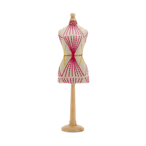 Shop Kit Kemp handmade mini mannequins made with paper mache base and wooden stand. Upholstered in running stitch canvas tone fabric. 