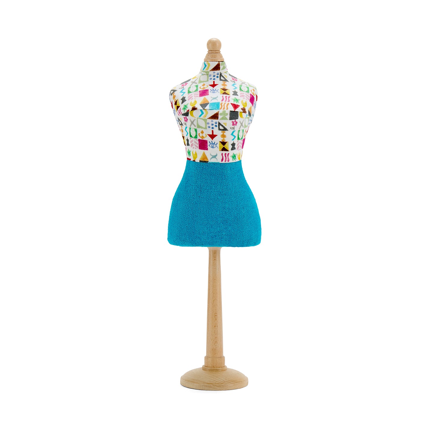 Decorative mini mannequin featuring the famous Kit Kemp Potato Print fabric. The colourful, playful graphic pattern and solid blue skirt showcase the designer's whimsical and bold aesthetic.
