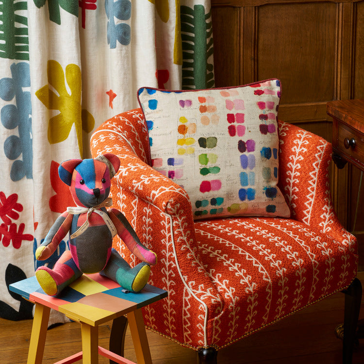 Mixed Tones cushion paired with Little Week in Orange upholstered West Timber Tub Chair. Designed by Kit Kemp, exclusively at Shop Kit Kemp and Firmdale hotels.