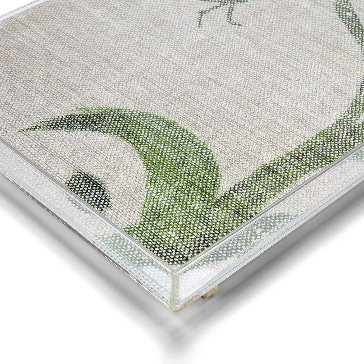 Close up of fabric lined tray, generously sized Width 54cm x Depth 39cm x Height 5.8cm, to create a central showpiece on table or ottoman.