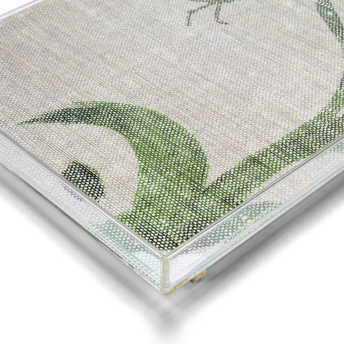 Close up of fabric lined tray, generously sized Width 54cm x Depth 39cm x Height 5.8cm, to create a central showpiece on table or ottoman.