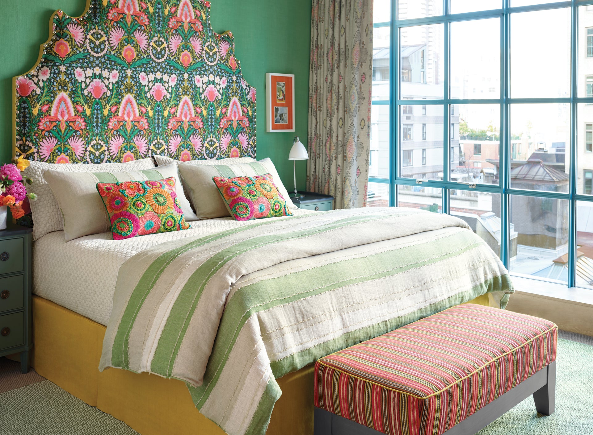 With the seasons changing, it's a perfect time to refresh your bedroom From bold headboard to carefully crafted Moon Hills Linen bedding by Shop Kit Kemp in collaboration with Annie Selke, for a touch of sage and fresh green tones, and relaxing bedroom design.