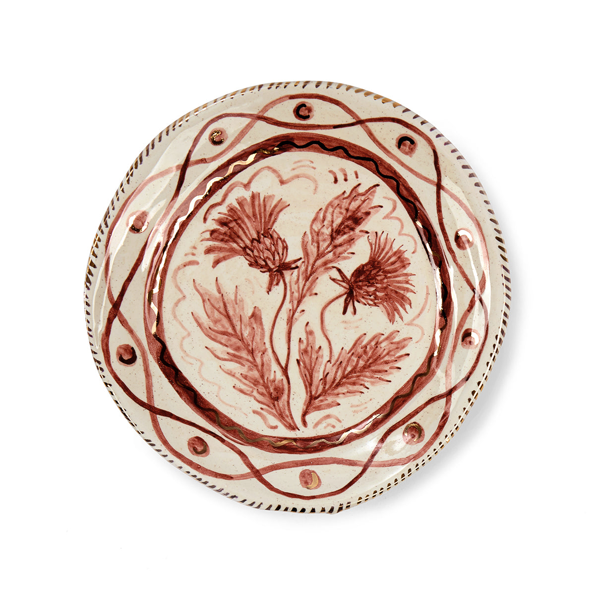 Sasha Compton plate titled My Highland Thistle is exclusive artwork for Shop Kit Kemp, handmade and glazed with 24 carat gold details around the rim and edges