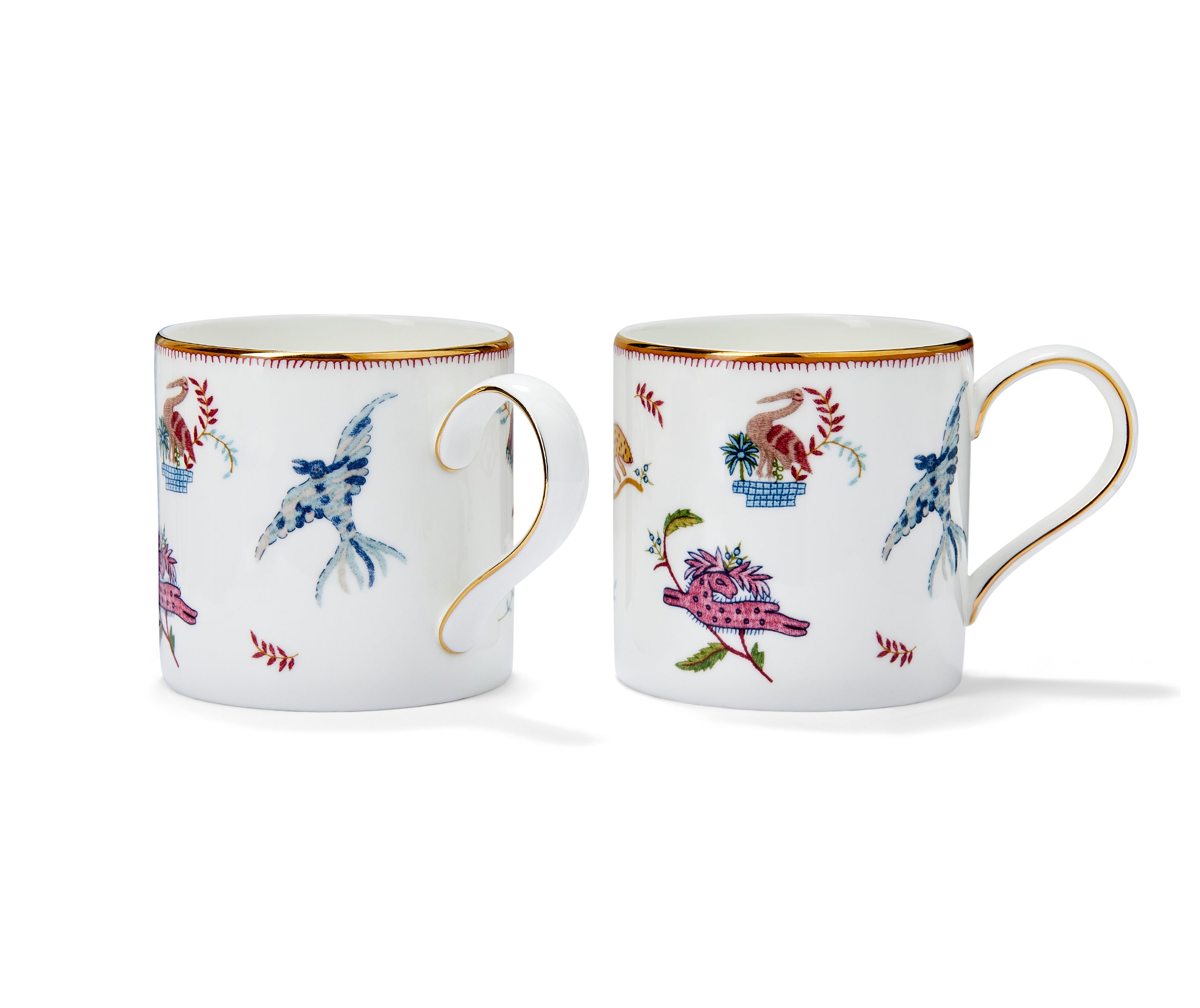 A set of two fine bone china mugs with hand-painted designs in a Mythical Creatures motif and gold accents.