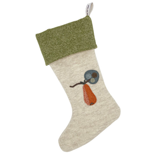 This appliqué stocking features a charming appliqué pear , it is a great gift for holiday guests and perfect for decorating the fireplace, stairs or the end of a bed, eagerly awaiting Father Christmas on Christmas morning.
