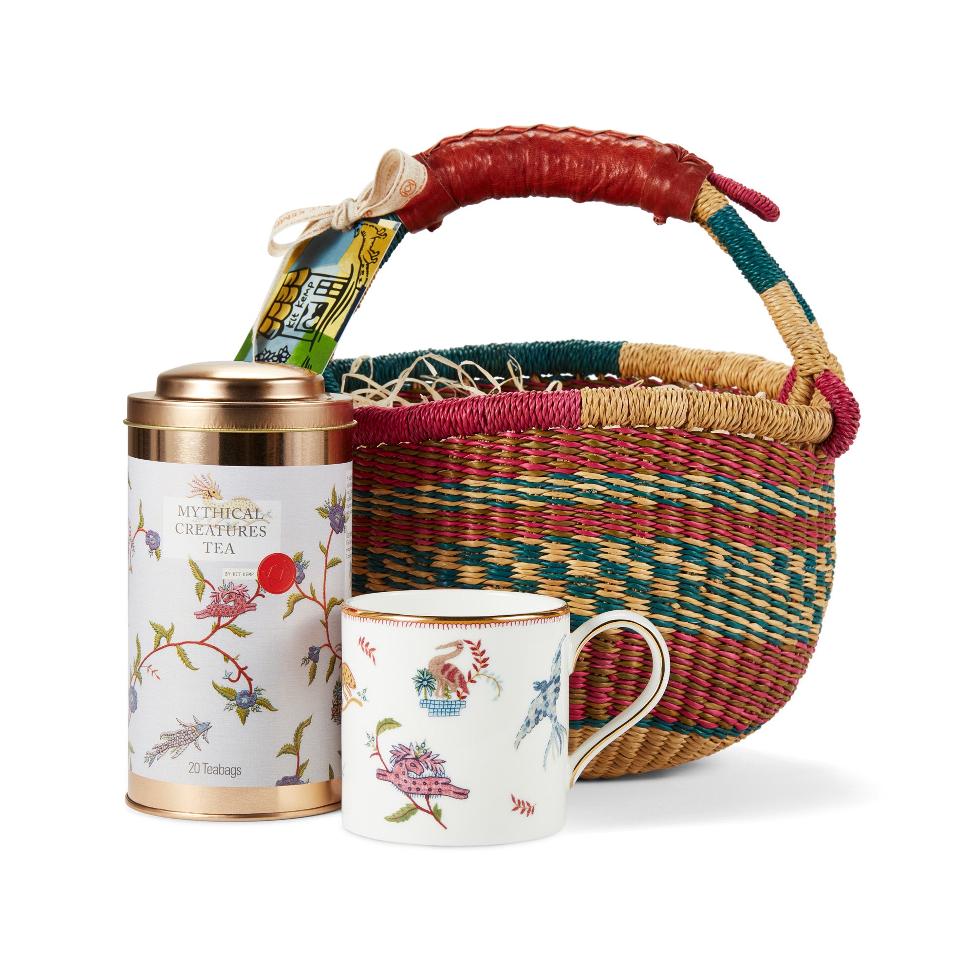 Mythical Creatures Tea Basket gift set is a perfect present for fans of Mythical Creatures designs by Kit Kemp, exclusively presented in an African woven basket to display as part of holiday and festive setting.