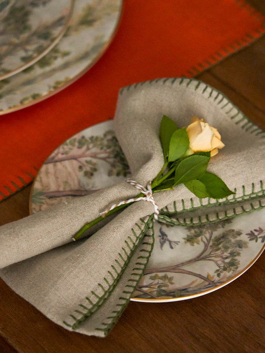 Natural napkin tone paired with Tall Trees fine bone china collection by Shop Kit Kemp