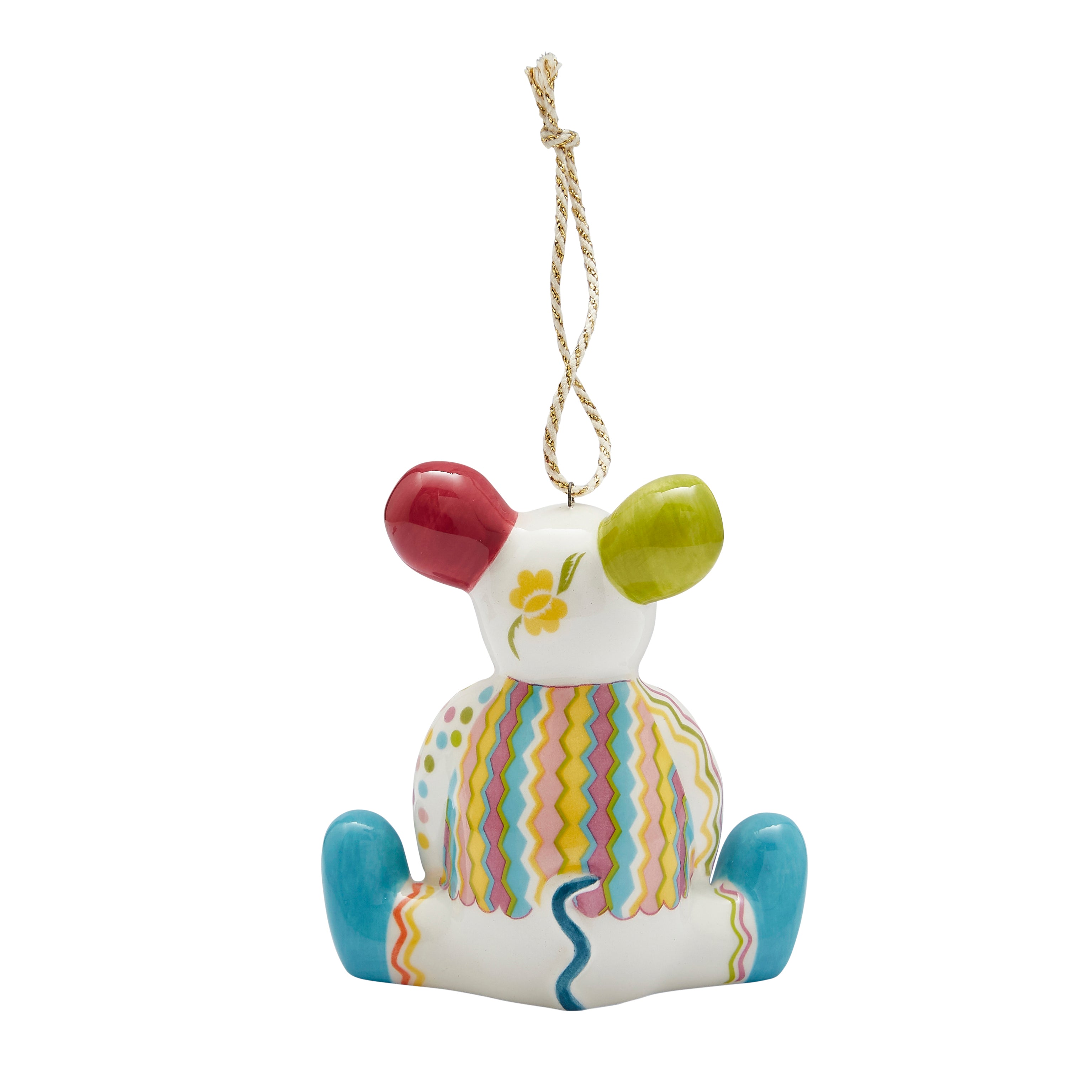 Nibbles The Mouse Patchwork Ornament by Kit Kemp for Spode. This fine china ornament boasts a whimsical, colourful design of stripes and polka dots, with bright blue feet and a flower detail on back of head. A must-have collectible that brings playful, high-end design to your festive decorations.