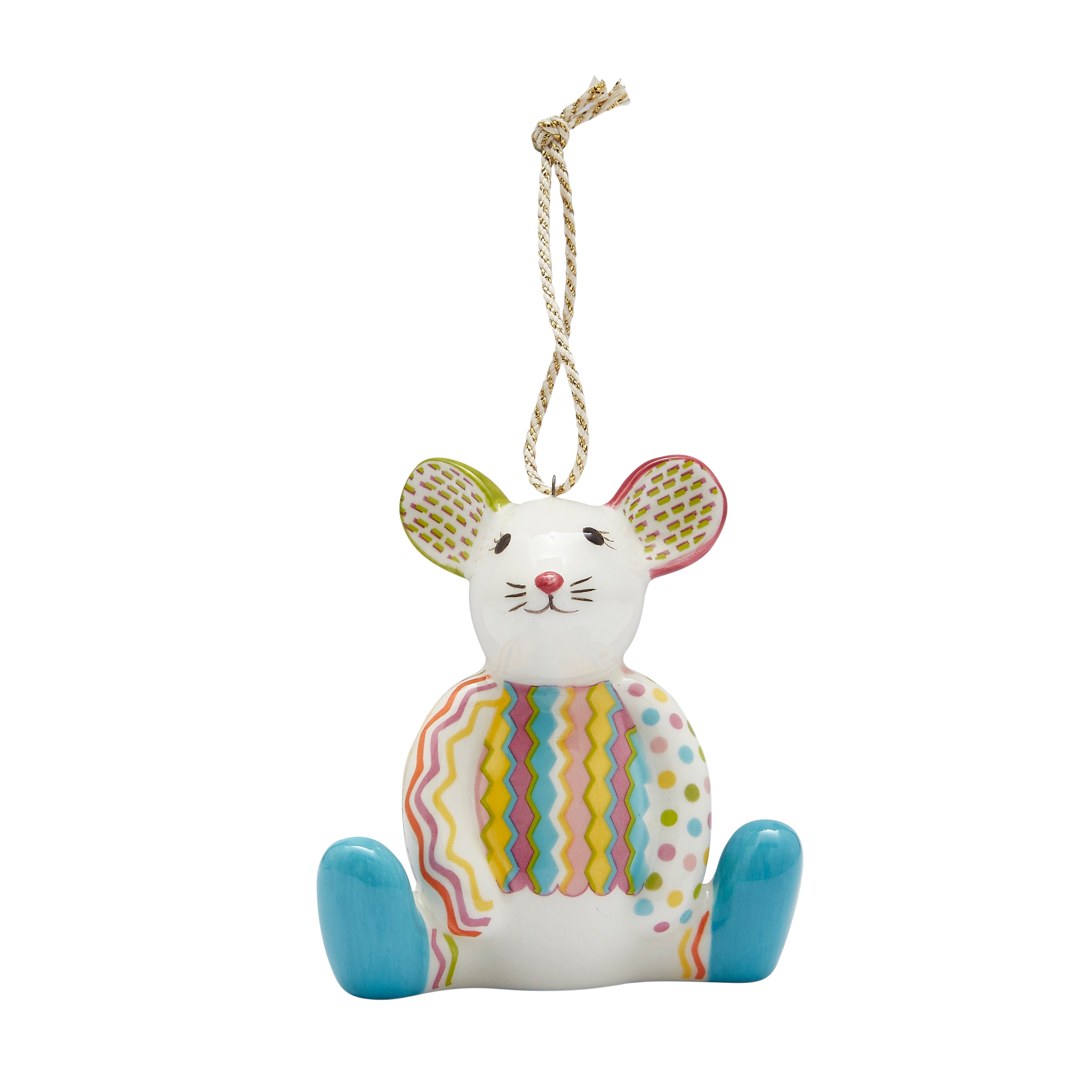 The charming Nibbles The Mouse fine china Ornament from the Kit Kemp for Spode collection. This adorable sitting mouse features a white body decorated with a vibrant, colourful patchwork design of rick-rack stripes and multi-coloured polka dots. Its brightly coloured ears and shiny blue feet add a playful touch. A unique collectible piece that brings Kit Kemp's signature style to life.