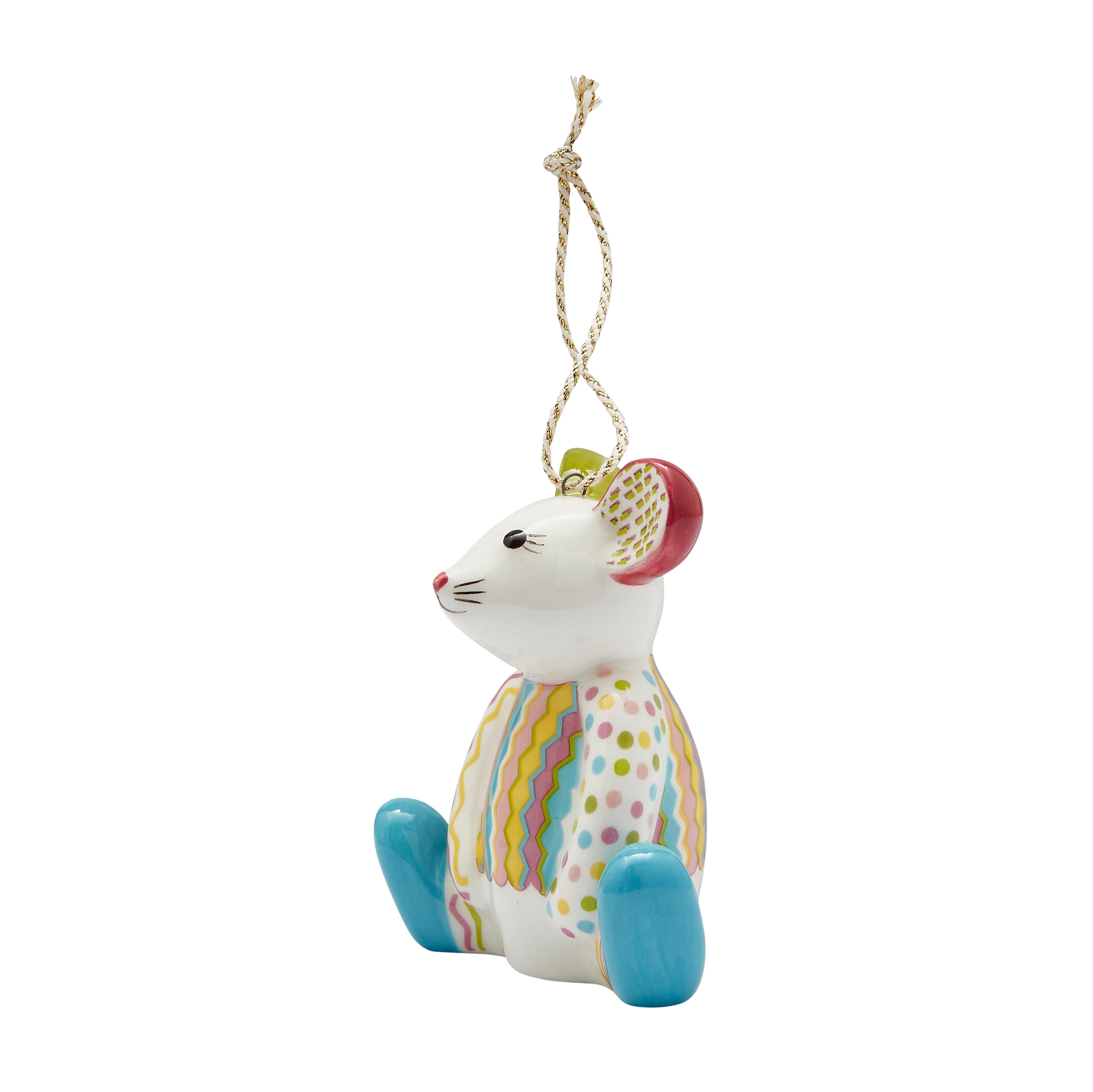 Kit Kemp for Spode Nibbles The Mouse fine china Ornament. This cute mouse decoration features a bright, whimsical patchwork pattern of stripes and dots, with glossy blue feet and a cheerful face. A truly unique and stylish addition to any Christmas tree or a delightful gift for collectors.