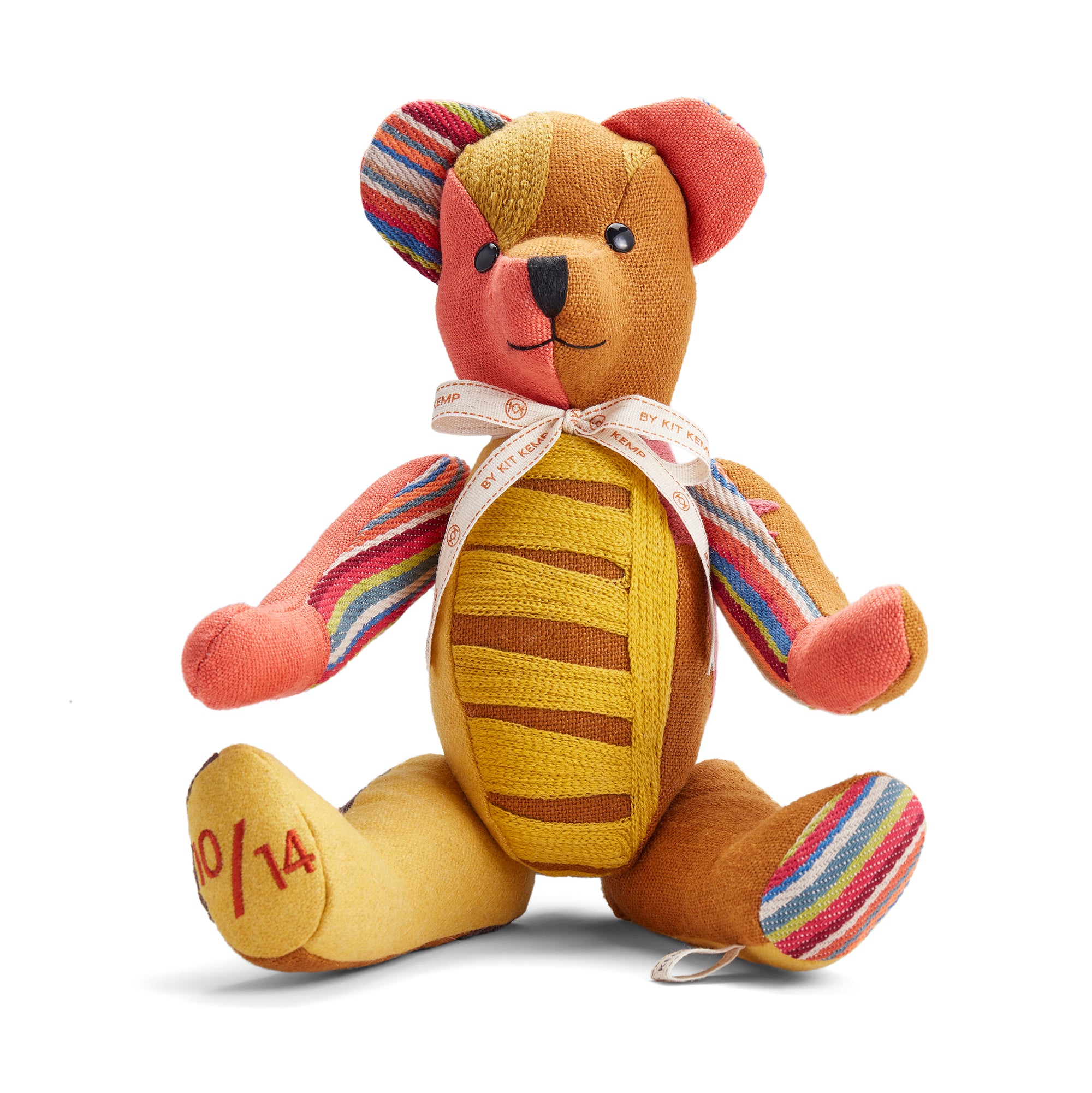 Handmade Large Willow Bear in a vibrant patchwork of ochre and jewel-toned designer fabrics. This one-of-a-kind character embodies luxury British gifting through its unique personality and superior textile craftsmanship.