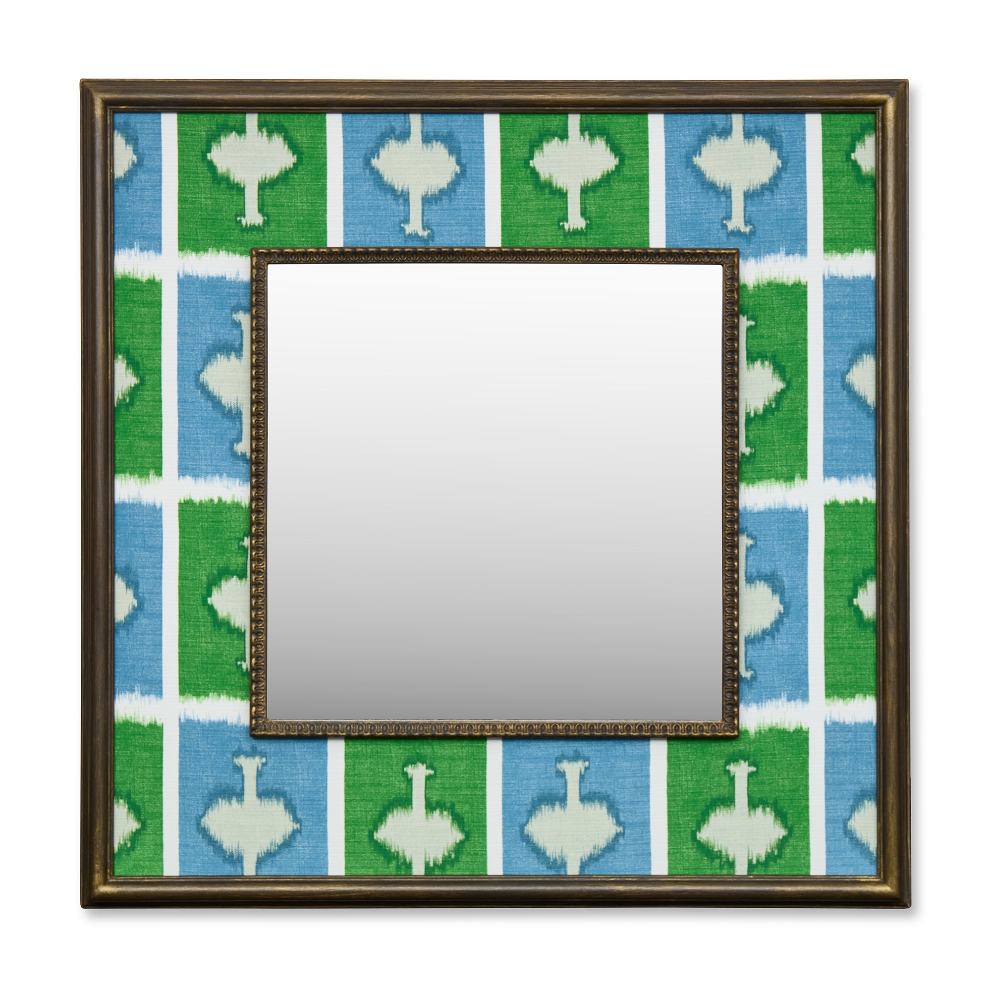Kit's 'Ozone' checkerboard design with the contrast of the energising green against the vibrant blue, this wonderful decorative mirror ensures a bold pop of colour and joy with its wide fabric-covered border surrounding a square central mirror in a wooden frame. 