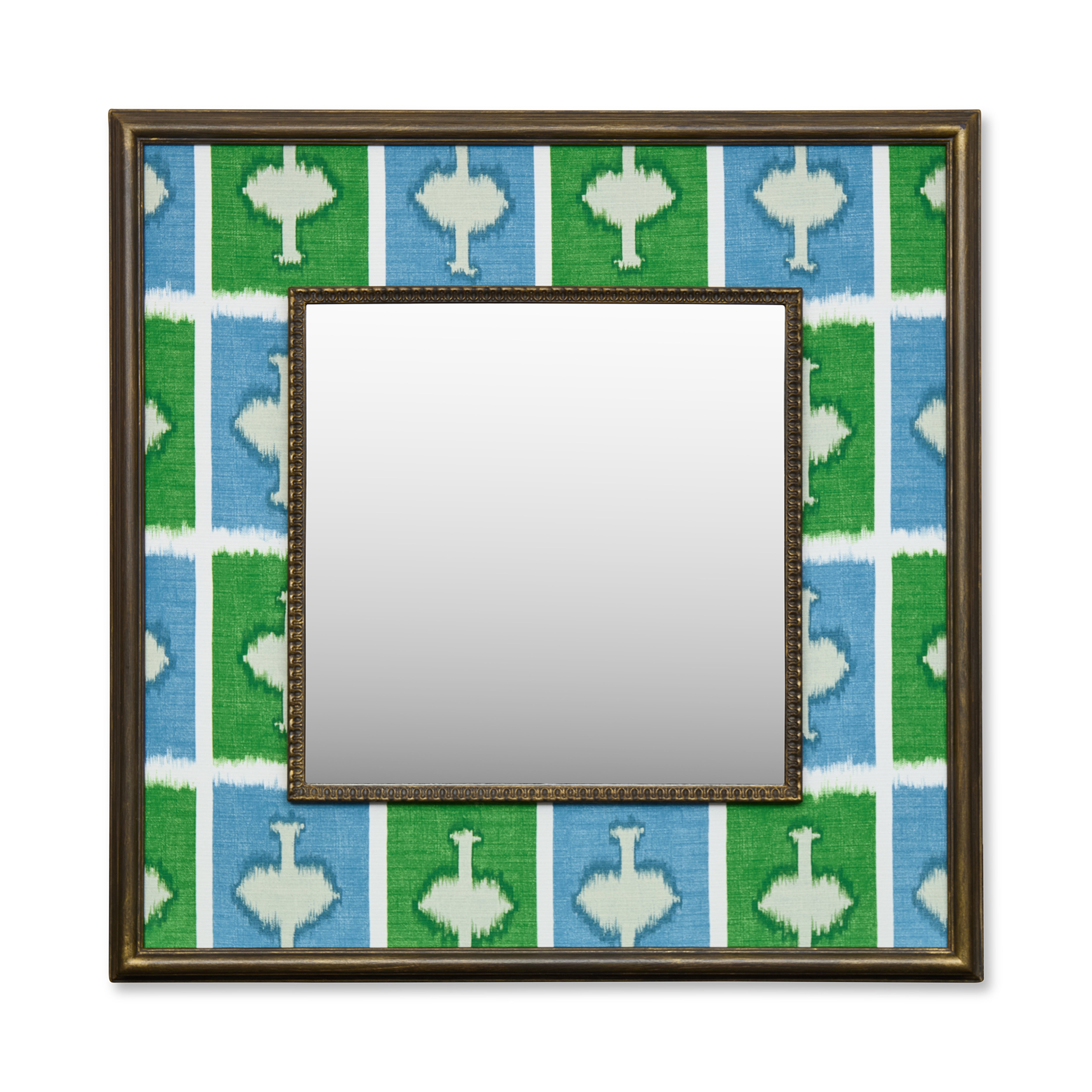 Kit's 'Ozone' checkerboard design with the contrast of the energising green against the vibrant blue, this wonderful decorative mirror ensures a bold pop of colour and joy with its wide fabric-covered border surrounding a square central mirror in a wooden frame. 