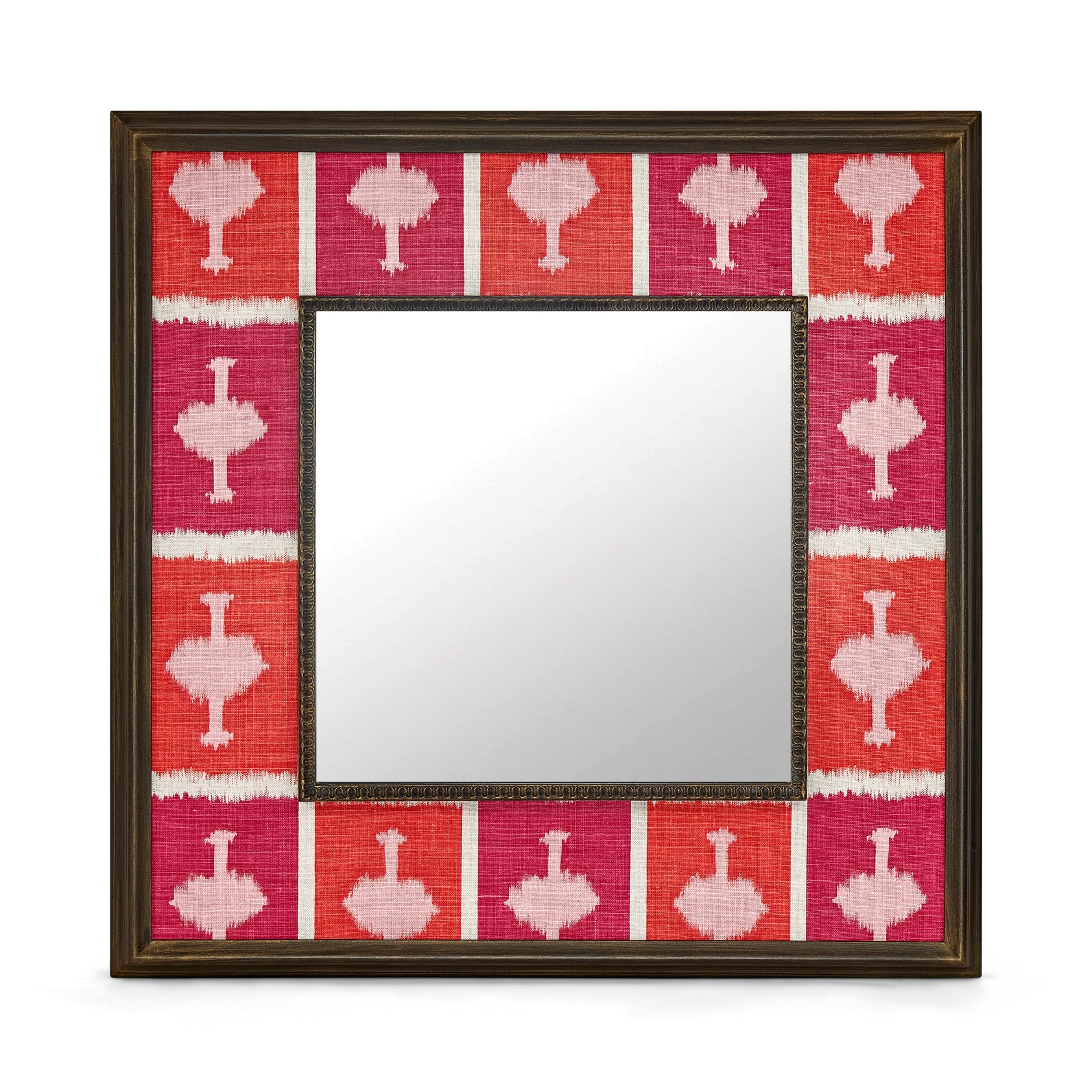 Kit's 'Ozone' checkerboard design with the contrast of the hot pink against the vibrant orange, this wonderful decorative mirror ensures a bold pop of colour and joy with its wide fabric-covered border surrounding a square central mirror in a wooden frame.