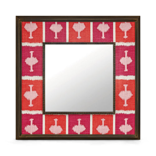 Kit's 'Ozone' checkerboard design with the contrast of the hot pink against the vibrant orange, this wonderful decorative mirror ensures a bold pop of colour and joy with its wide fabric-covered border surrounding a square central mirror in a wooden frame.