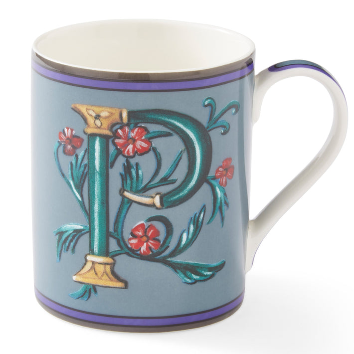 The teal P on this navy mug forms the ideal structure to support the abundance of this climbing plant, bursting with pink flowers, and woven into the letter's form.