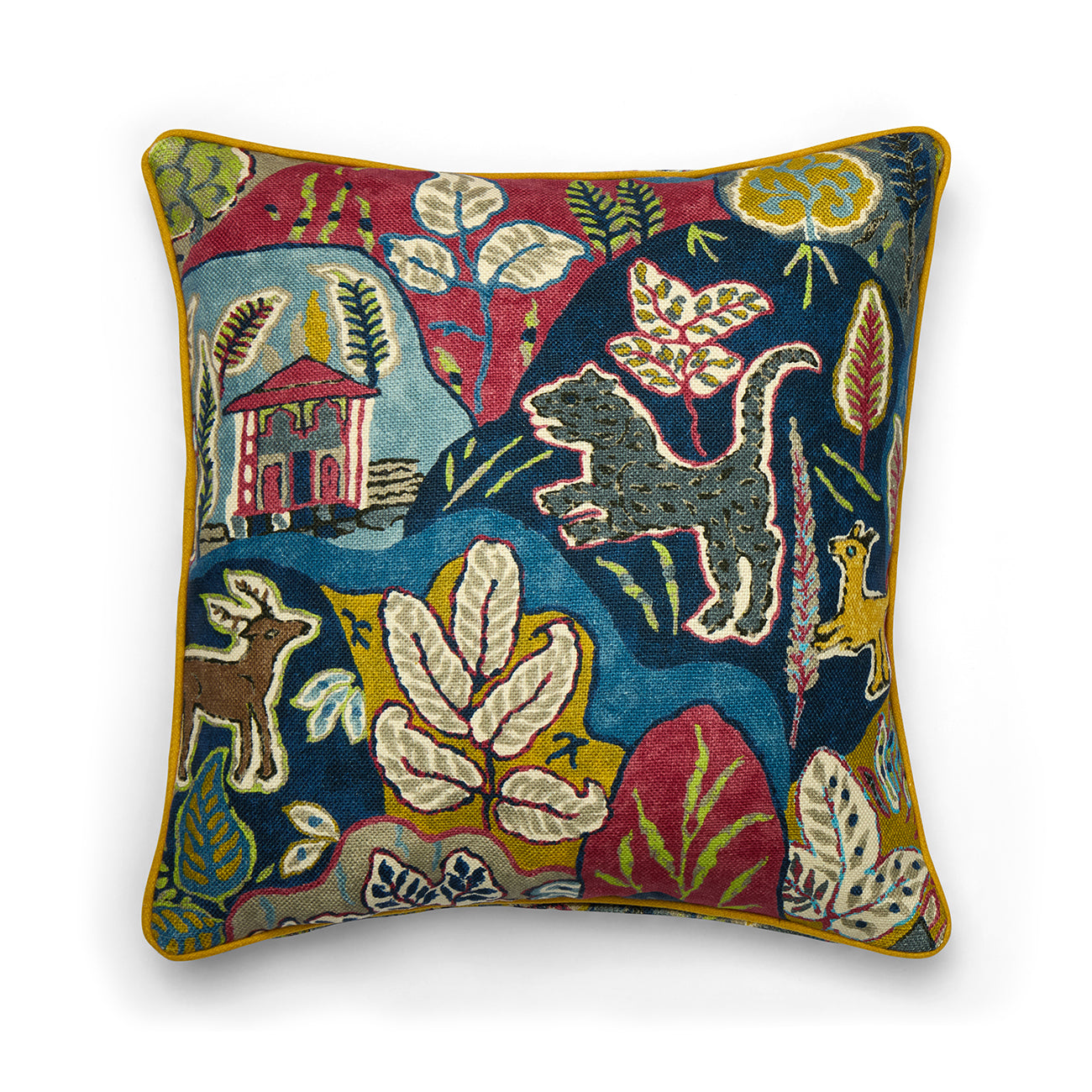 Kit Kemp Design Studio luxury cushion featuring the Clarence House Panjim Multi linen fabric. The highly detailed, exotic print with animals and foliage is a Firmdale Hotels favourite, perfect for adding designer pedigree and bold colour to high-end interiors.