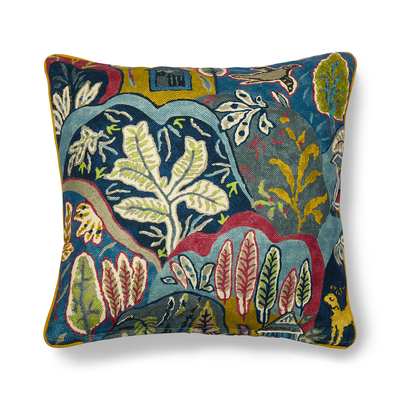 Maximalist statement cushion with a playful, colourful scenic print that evokes folk art and exotic travel. Made from 100% printed linen, this Panjim Multi cushion provides textural contrast and immediately becomes the unique focal point of any room.
