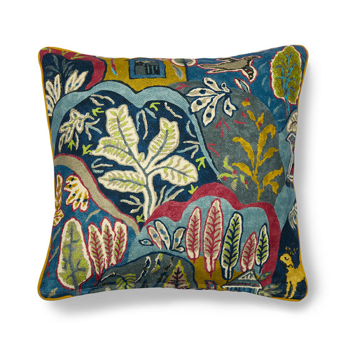 Maximalist statement cushion with a playful, colourful scenic print that evokes folk art and exotic travel. Made from 100% printed linen, this Panjim Multi cushion provides textural contrast and immediately becomes the unique focal point of any room.
