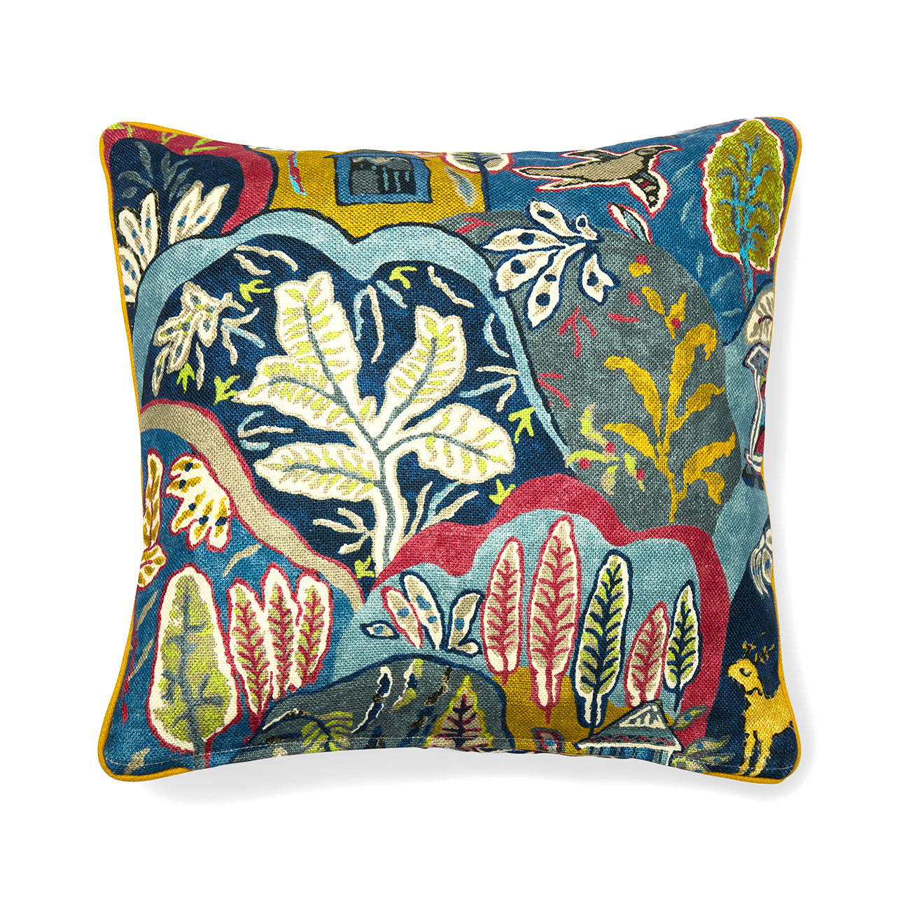 Maximalist statement cushion with a playful, colourful scenic print that evokes folk art and exotic travel. Made from 100% printed linen, this Panjim Multi cushion provides textural contrast and immediately becomes the unique focal point of any room.