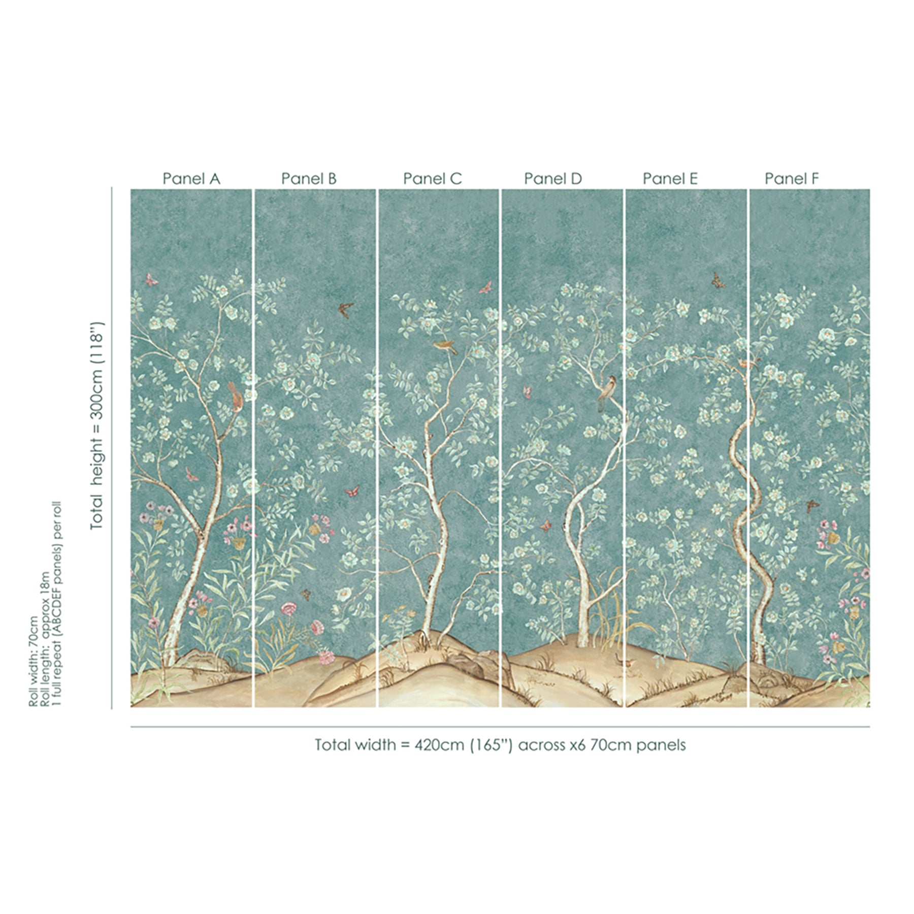 Papillon wallpaper rolls in 3m length panels at 70cm wide, with six panels in each roll. Distinctive blotted paint effect with multiple shades of blue for a painterly effect background, and lush foliage with butterflies and birds, a modern twist on classic murals. Exclusive at Shop Kit Kemp.