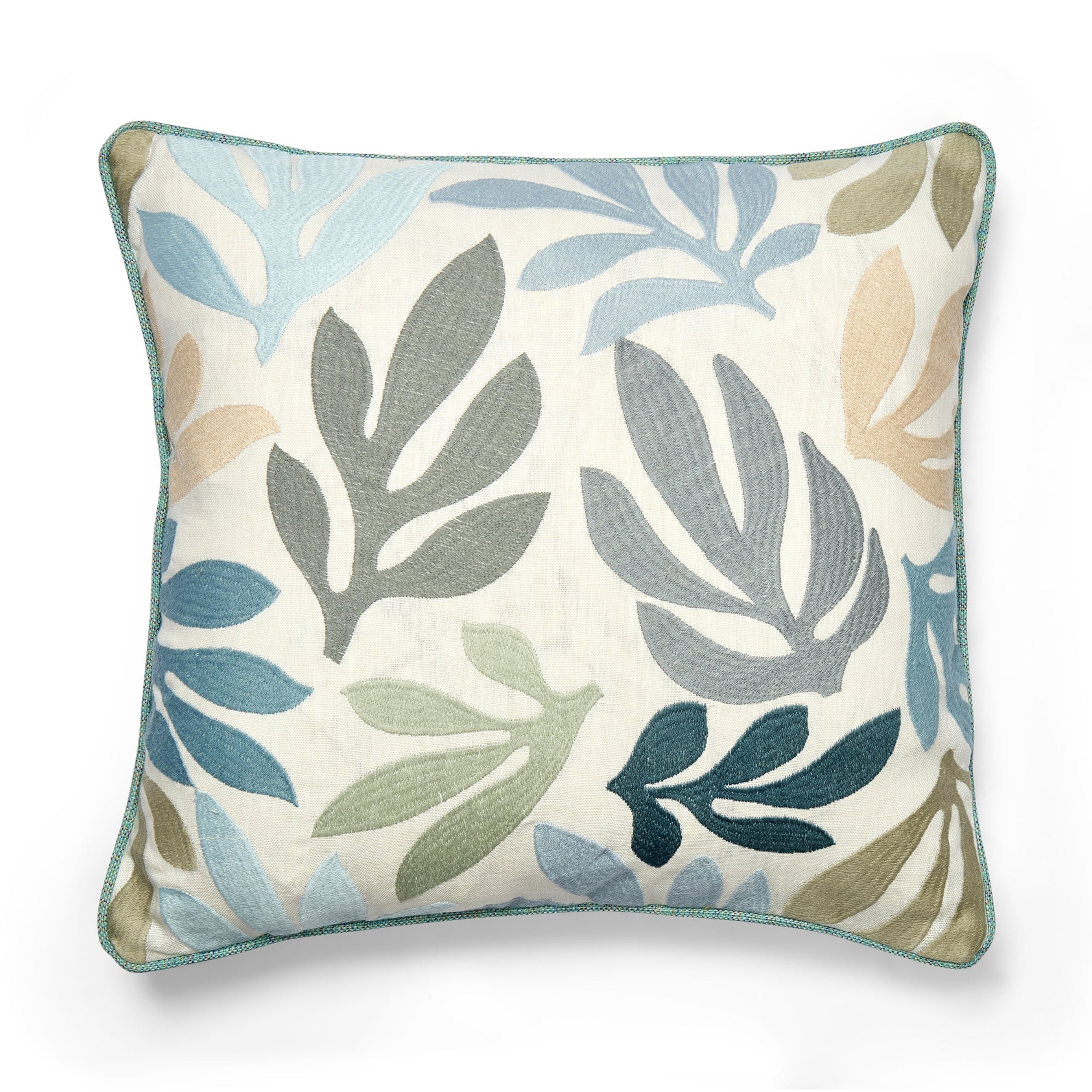 Decorative pillow with leaf pattern on a white background