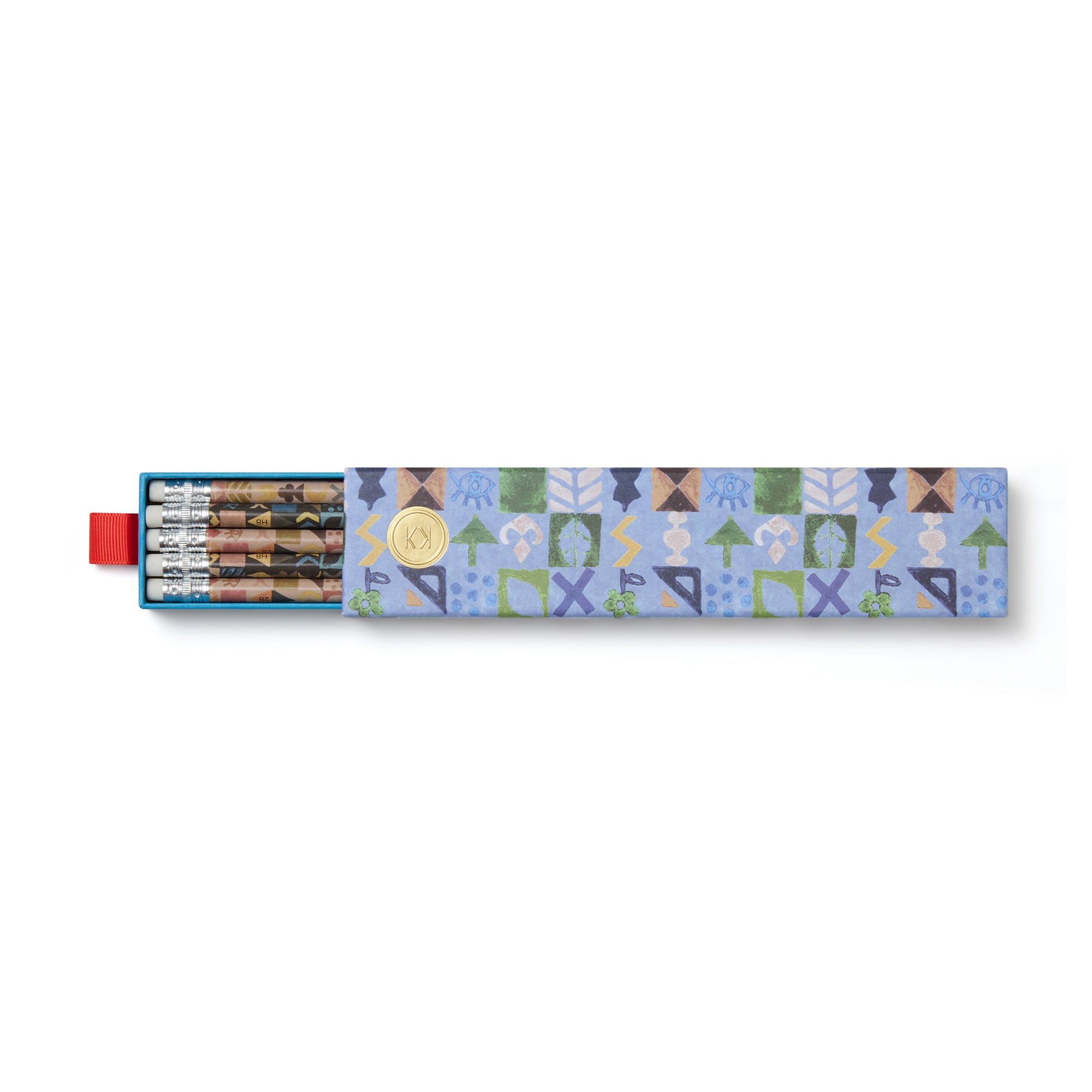 Shop Kit Kemp pencil box with ten pencils wrapped in potato print design, presented in hard box fully decorated in blue potato print pattern, offset with gold foil logo.