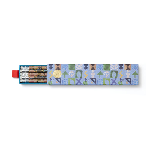 Shop Kit Kemp pencil box with ten pencils wrapped in potato print design, presented in hard box fully decorated in blue potato print pattern, offset with gold foil logo.
