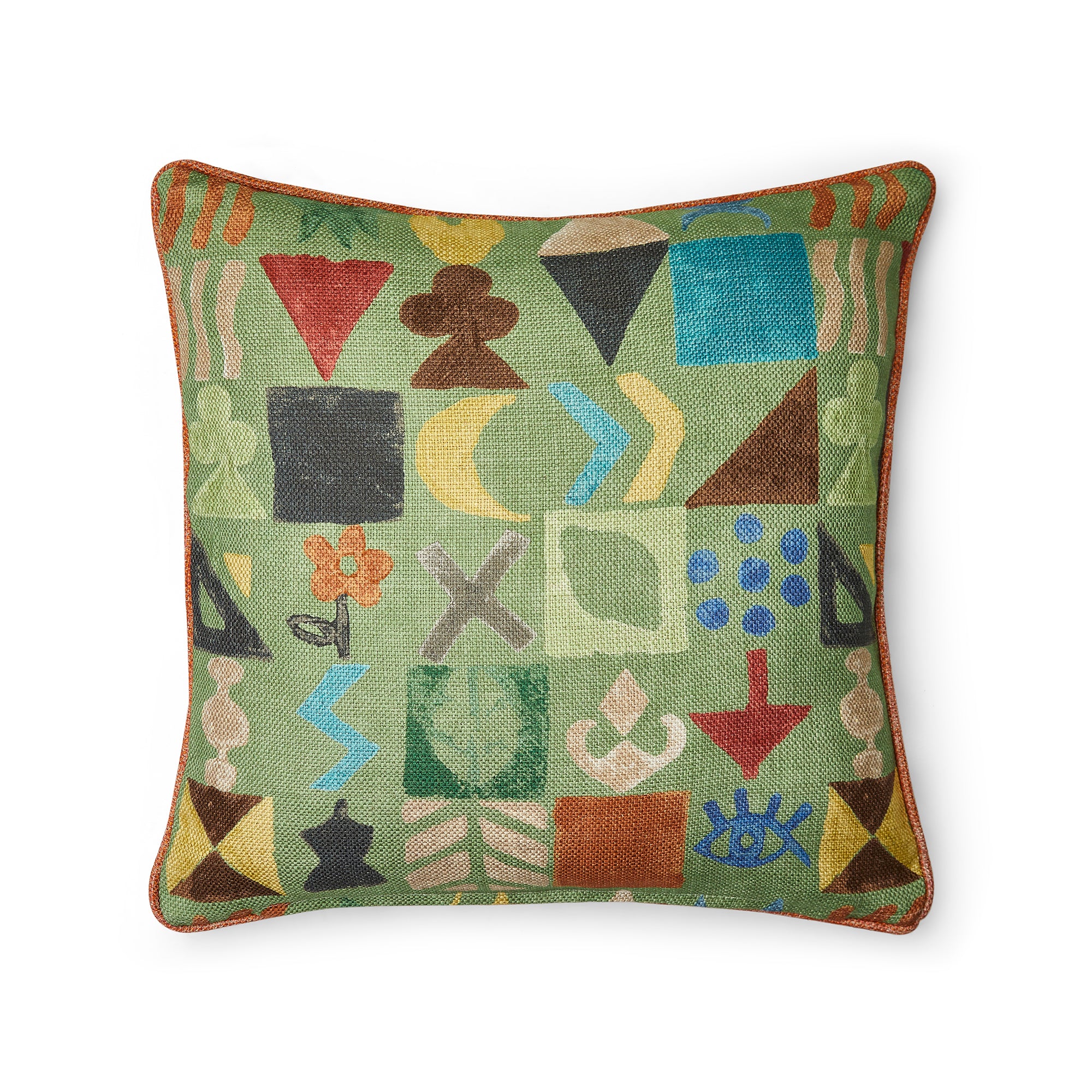 Reverse side of potato print cushion in green, and self piping edge detail. Exclusively at Shop Kit Kemp