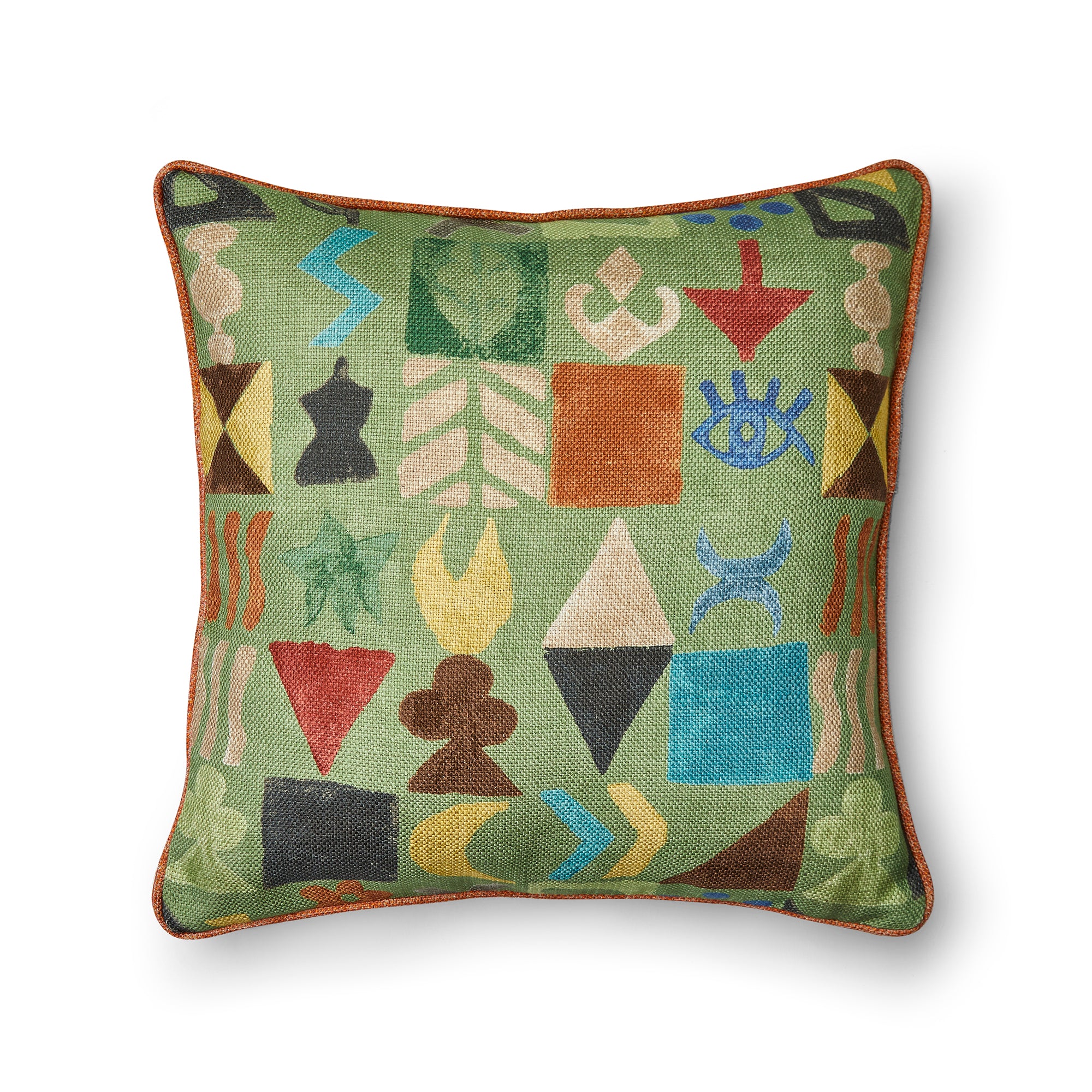 Square cushion in potato print green fabric, piping in same fabric, created by Shop Kit Kemp, utilising upcycled fabrics from Kit Kemp Design Studio projects.