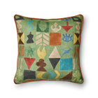 Square cushion in potato print green fabric, piping in same fabric, created by Shop Kit Kemp, utilising upcycled fabrics from Kit Kemp Design Studio projects.