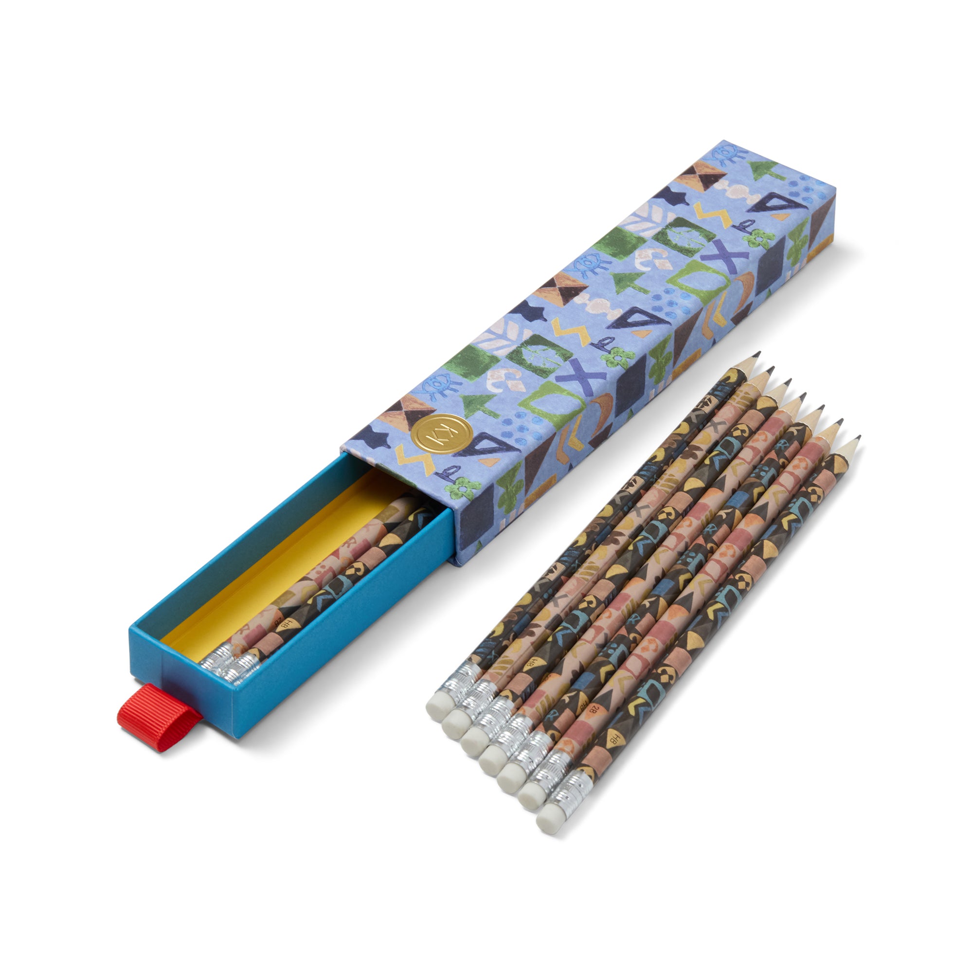 Giftable box in blue potato print design and vibrant yellow lining, finished with orange pull ribbon handle.