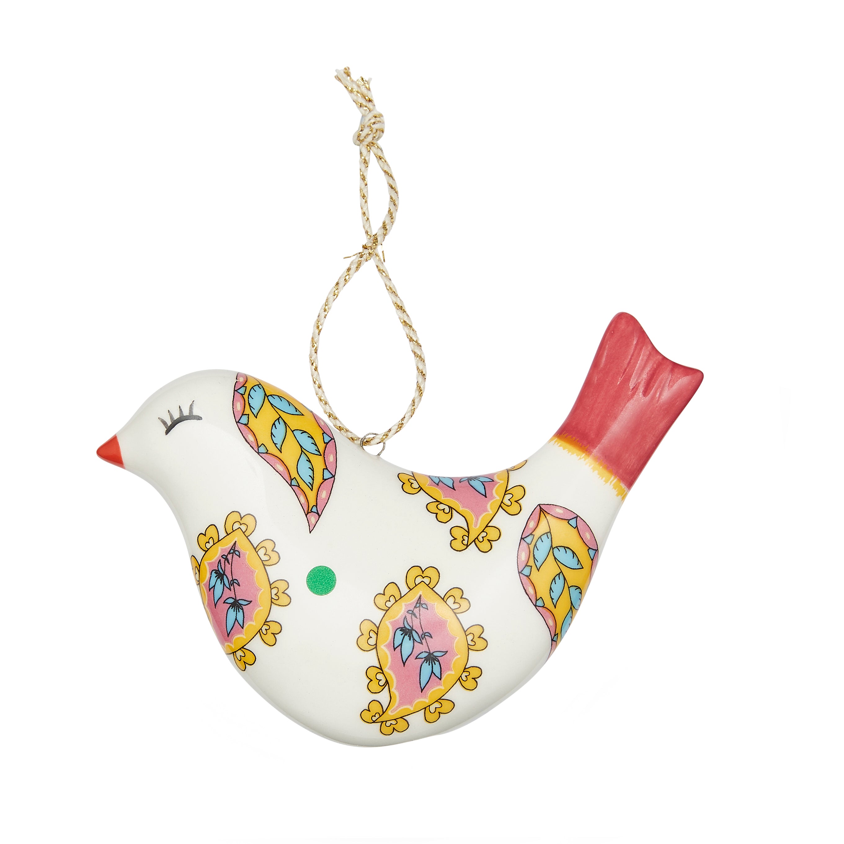 The elegant Puffed Bird Floral Paisley fine china Ornament from the Kit Kemp for Spode collection. This unique bird-shaped decoration has a white body adorned with vibrant, stylized yellow, pink, and blue paisley floral patterns and a striking red tail. A designer, high-quality piece that offers a beautiful pop of colour and unique artistry to your Christmas tree.