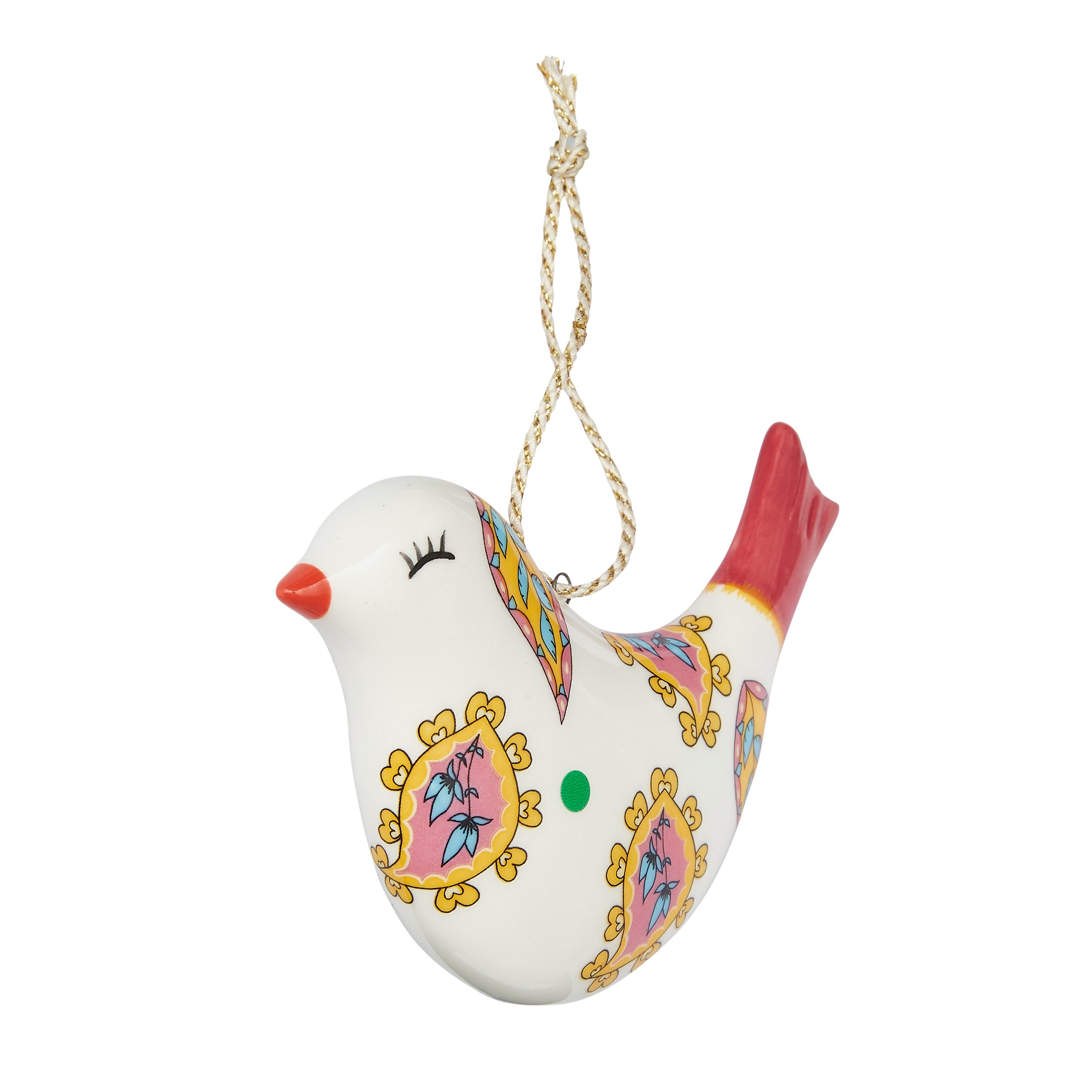 Kit Kemp for Spode fine china Puffed Bird Ornament. This unique bird decoration features a bold, colourful paisley and floral design across its white body and a vivid red tail. A stylish and artistic collectible that brings the designer's whimsical flair to your holiday decor.
