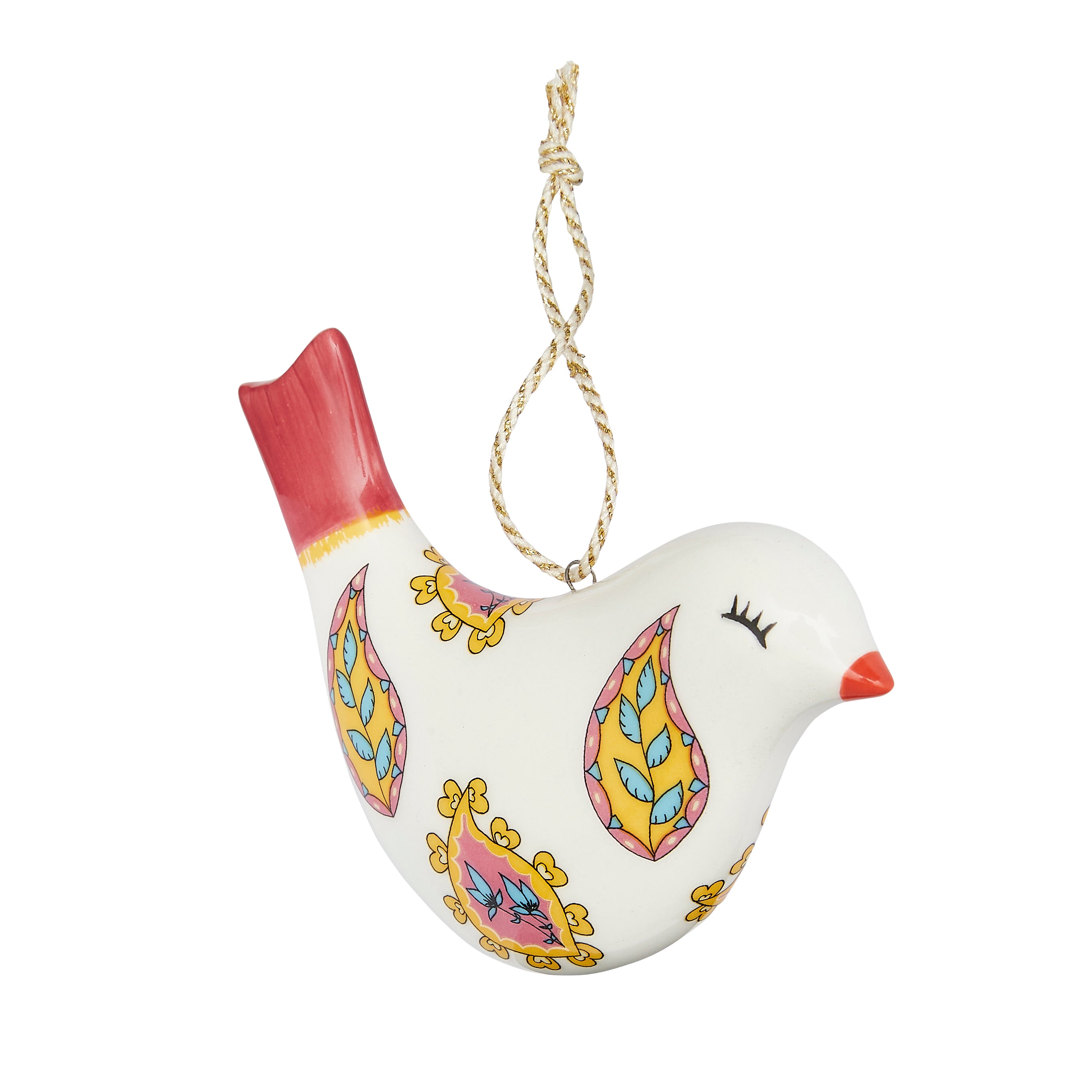 Kit Kemp for Spode fine china Puffed Bird Ornament. This unique bird decoration features a bold, colourful paisley and floral design across its white body and a vivid red tail. A stylish and artistic collectible that brings the designer's whimsical flair to your holiday decor.