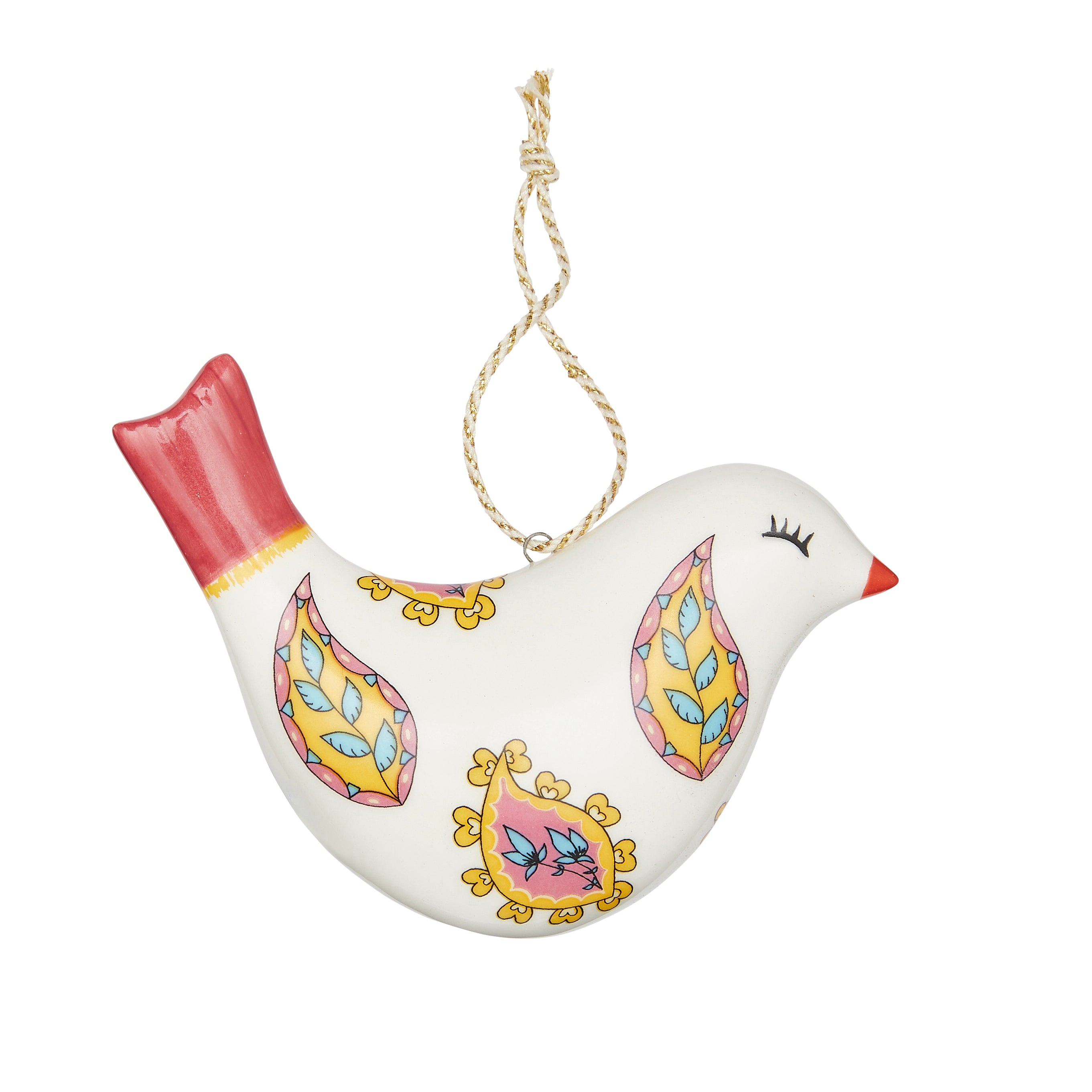 A vibrant Floral Paisley Puffed Bird Ornament in fine china, part of the Kit Kemp for Spode collection. The bird's white surface is painted with richly coloured, hand-painted-style floral paisley details in yellow, blue, and pink. Its unique, artistic design makes it a standout piece and a memorable gift.